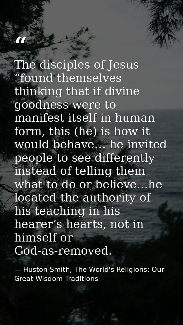 The disciples of Jesus “found themselves thinking that if divine goodness were to manifest itself in human form, this (h — Huston Smith, The World's Religions: Our Great Wisdom Traditions