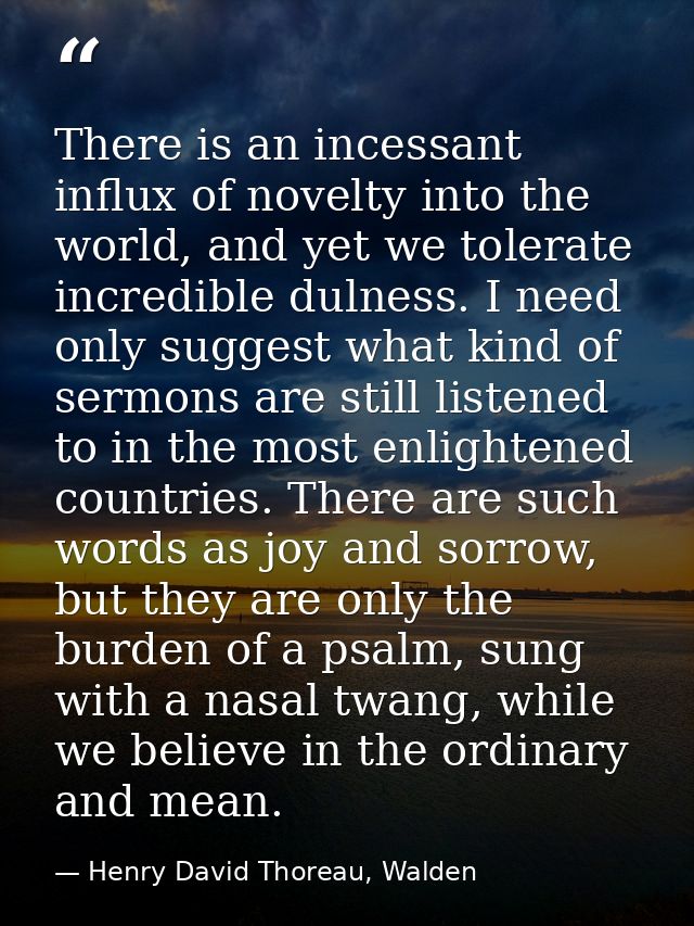 There is an incessant influx of novelty into the world, and yet we tolerate incredible dulness. I need only suggest what — Henry David Thoreau, Walden