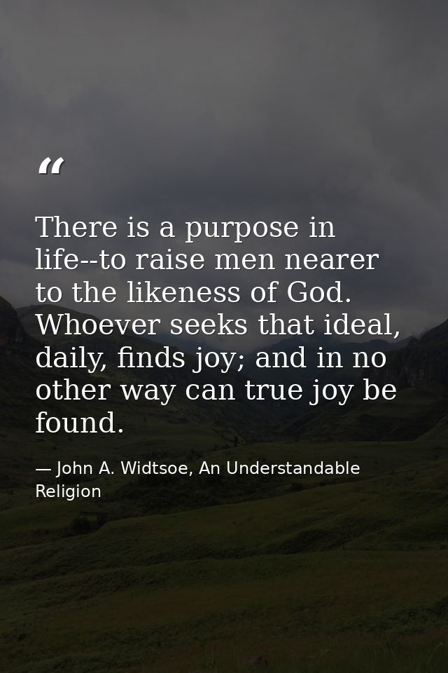 There is a purpose in life--to raise men nearer to the likeness of God. Whoever seeks that ideal, daily, finds joy; and  — John A. Widtsoe, An Understandable Religion