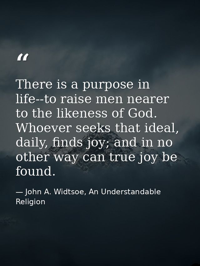 There is a purpose in life--to raise men nearer to the likeness of God. Whoever seeks that ideal, daily, finds joy; and  — John A. Widtsoe, An Understandable Religion