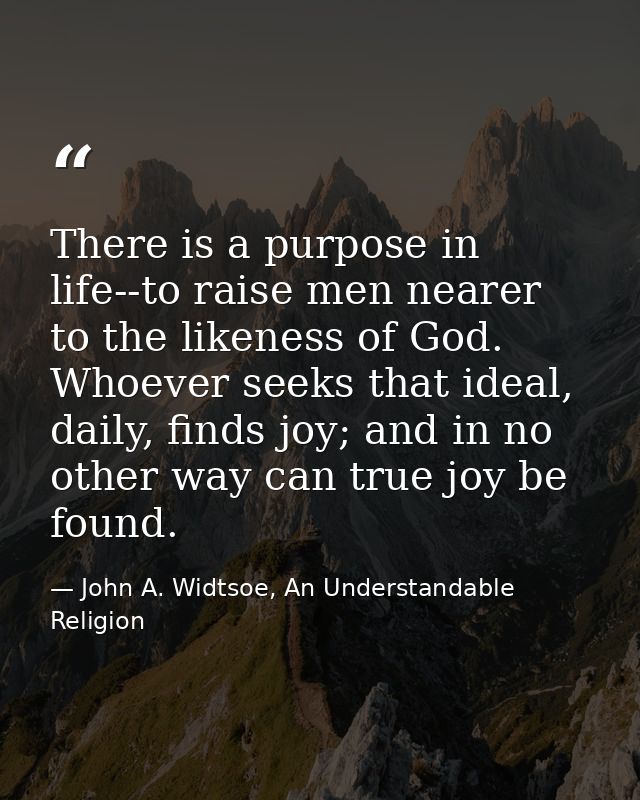 There is a purpose in life--to raise men nearer to the likeness of God. Whoever seeks that ideal, daily, finds joy; and  — John A. Widtsoe, An Understandable Religion