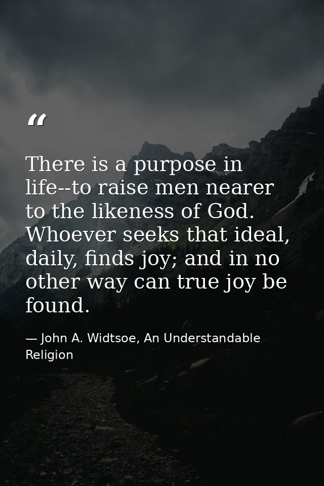 There is a purpose in life--to raise men nearer to the likeness of God. Whoever seeks that ideal, daily, finds joy; and  — John A. Widtsoe, An Understandable Religion