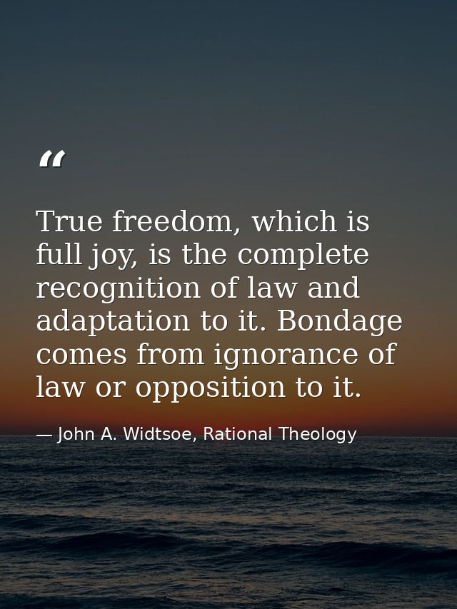 True freedom, which is full joy, is the complete recognition of law and adaptation to it. Bondage comes from ignorance o — John A. Widtsoe, Rational Theology