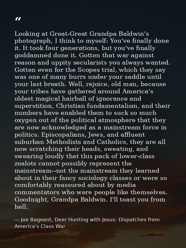 Looking at Great-Great Grandpa Baldwin's photograph, I think to myself: You've finally done it. It took four generations — Joe Bageant, Deer Hunting with Jesus: Dispatches from America's Class War