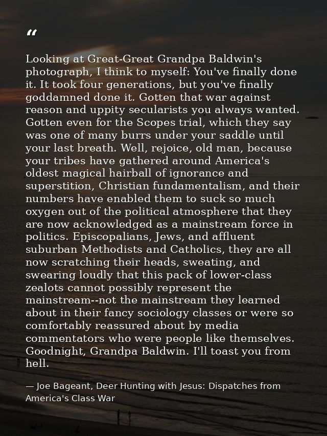 Looking at Great-Great Grandpa Baldwin's photograph, I think to myself: You've finally done it. It took four generations — Joe Bageant, Deer Hunting with Jesus: Dispatches from America's Class War