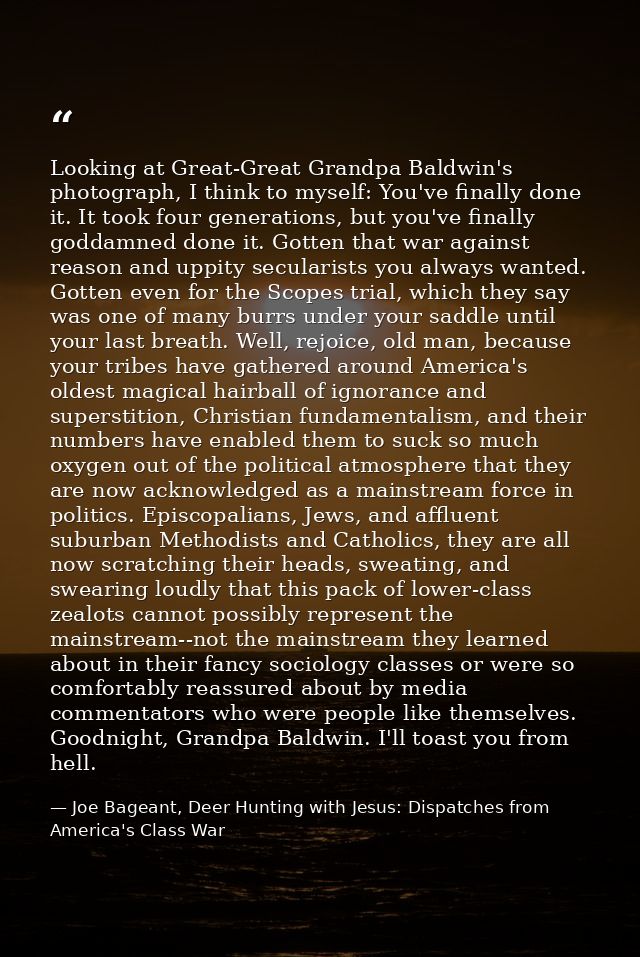 Looking at Great-Great Grandpa Baldwin's photograph, I think to myself: You've finally done it. It took four generations — Joe Bageant, Deer Hunting with Jesus: Dispatches from America's Class War