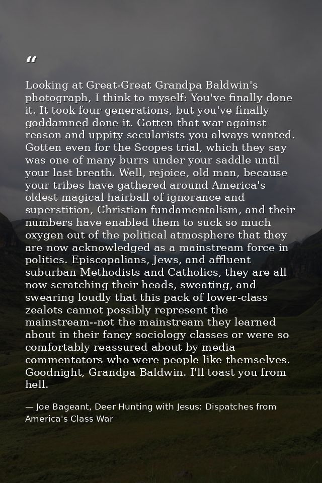 Looking at Great-Great Grandpa Baldwin's photograph, I think to myself: You've finally done it. It took four generations — Joe Bageant, Deer Hunting with Jesus: Dispatches from America's Class War