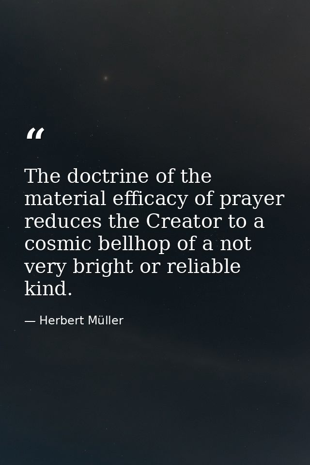 The doctrine of the material efficacy of prayer reduces the Creator to a cosmic bellhop of a not very bright or reliable — Herbert Müller