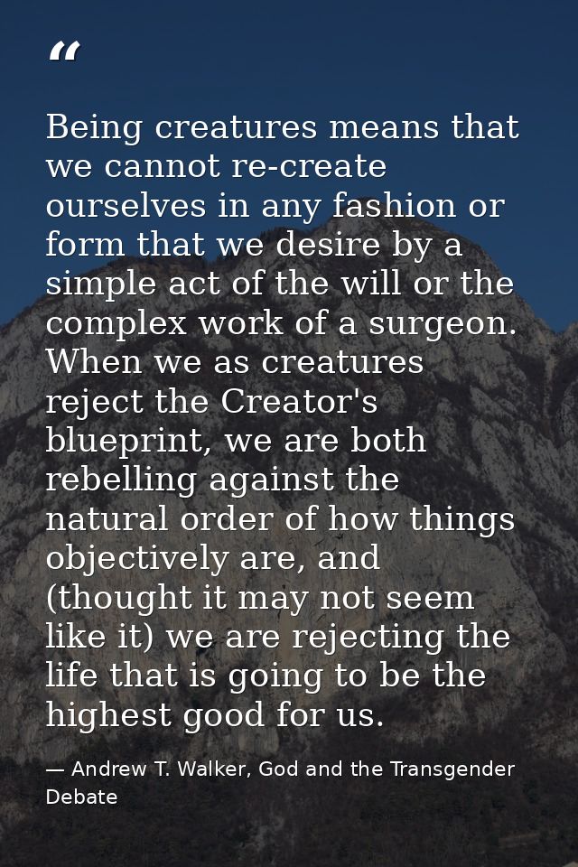 Being creatures means that we cannot re-create ourselves in any fashion or form that we desire by a simple act of the wi — Andrew T. Walker, God and the Transgender Debate