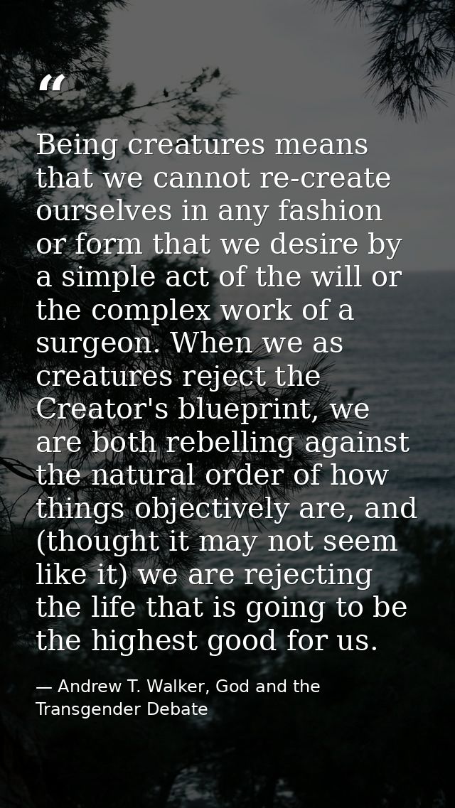 Being creatures means that we cannot re-create ourselves in any fashion or form that we desire by a simple act of the wi — Andrew T. Walker, God and the Transgender Debate
