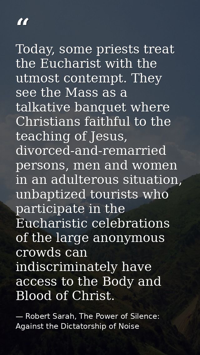 Today, some priests treat the Eucharist with the utmost contempt. They see the Mass as a talkative banquet where Christi — Robert Sarah, The Power of Silence: Against the Dictatorship of Noise