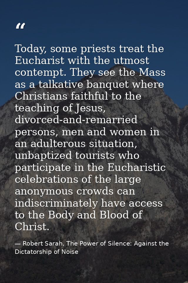 Today, some priests treat the Eucharist with the utmost contempt. They see the Mass as a talkative banquet where Christi — Robert Sarah, The Power of Silence: Against the Dictatorship of Noise
