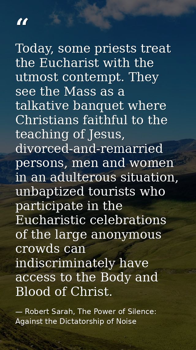 Today, some priests treat the Eucharist with the utmost contempt. They see the Mass as a talkative banquet where Christi — Robert Sarah, The Power of Silence: Against the Dictatorship of Noise