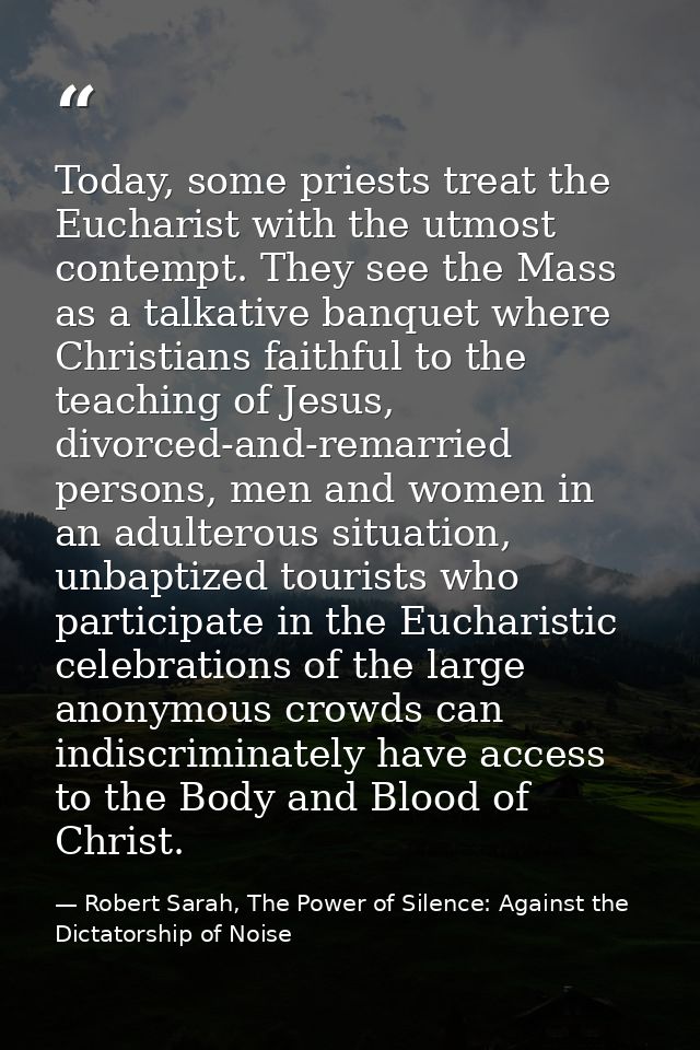 Today, some priests treat the Eucharist with the utmost contempt. They see the Mass as a talkative banquet where Christi — Robert Sarah, The Power of Silence: Against the Dictatorship of Noise