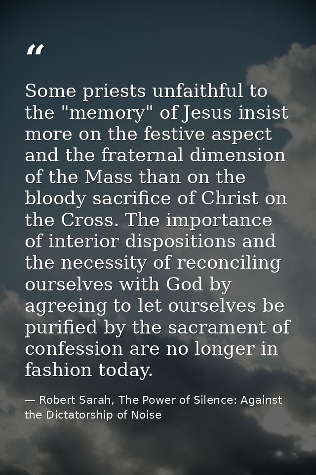 Some priests unfaithful to the "memory" of Jesus insist more on the festive aspect and the fraternal dimension of the Ma — Robert Sarah, The Power of Silence: Against the Dictatorship of Noise