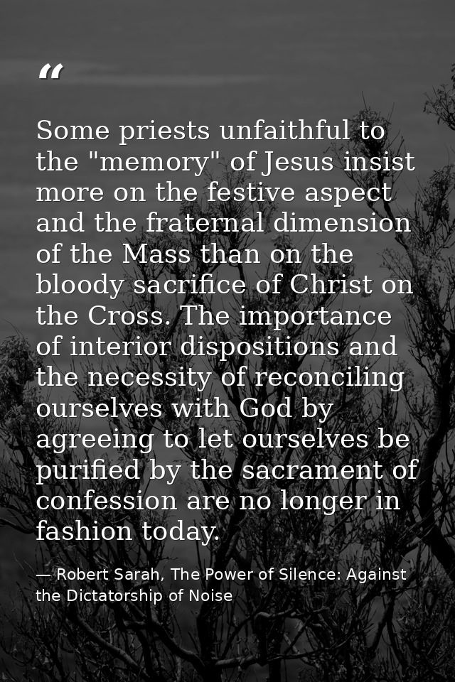 Some priests unfaithful to the "memory" of Jesus insist more on the festive aspect and the fraternal dimension of the Ma — Robert Sarah, The Power of Silence: Against the Dictatorship of Noise