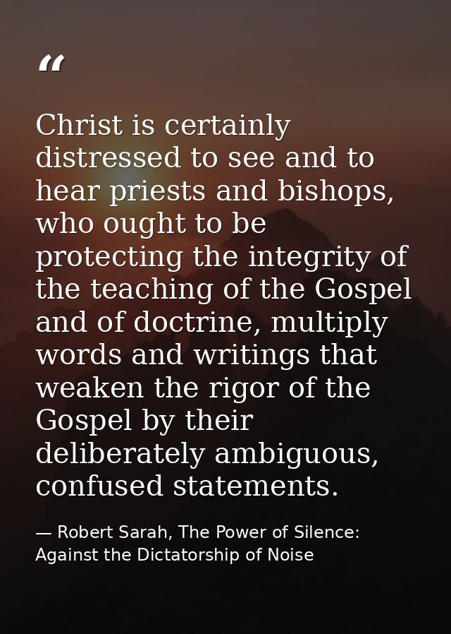 Christ is certainly distressed to see and to hear priests and bishops, who ought to be protecting the integrity of the t — Robert Sarah, The Power of Silence: Against the Dictatorship of Noise