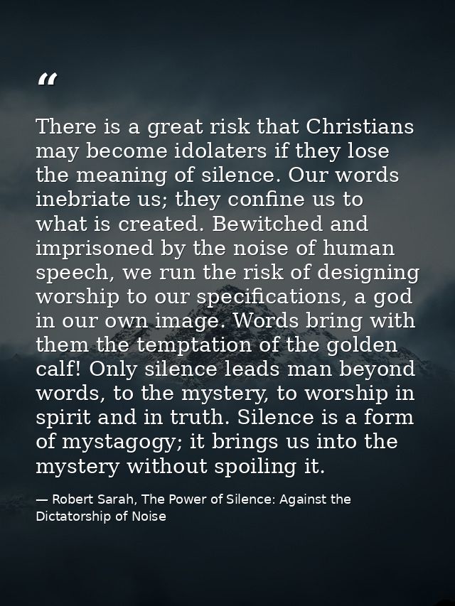 There is a great risk that Christians may become idolaters if they lose the meaning of silence. Our words inebriate us;  — Robert Sarah, The Power of Silence: Against the Dictatorship of Noise