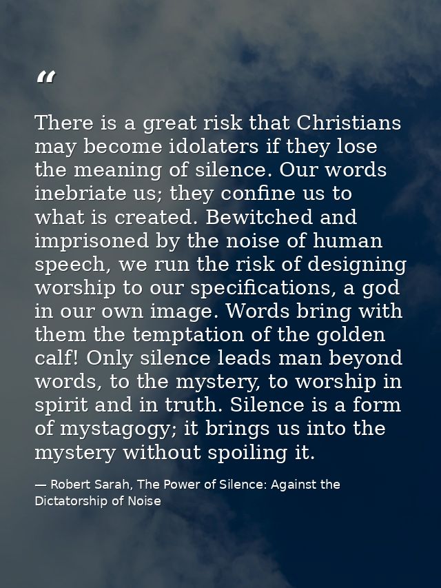 There is a great risk that Christians may become idolaters if they lose the meaning of silence. Our words inebriate us;  — Robert Sarah, The Power of Silence: Against the Dictatorship of Noise