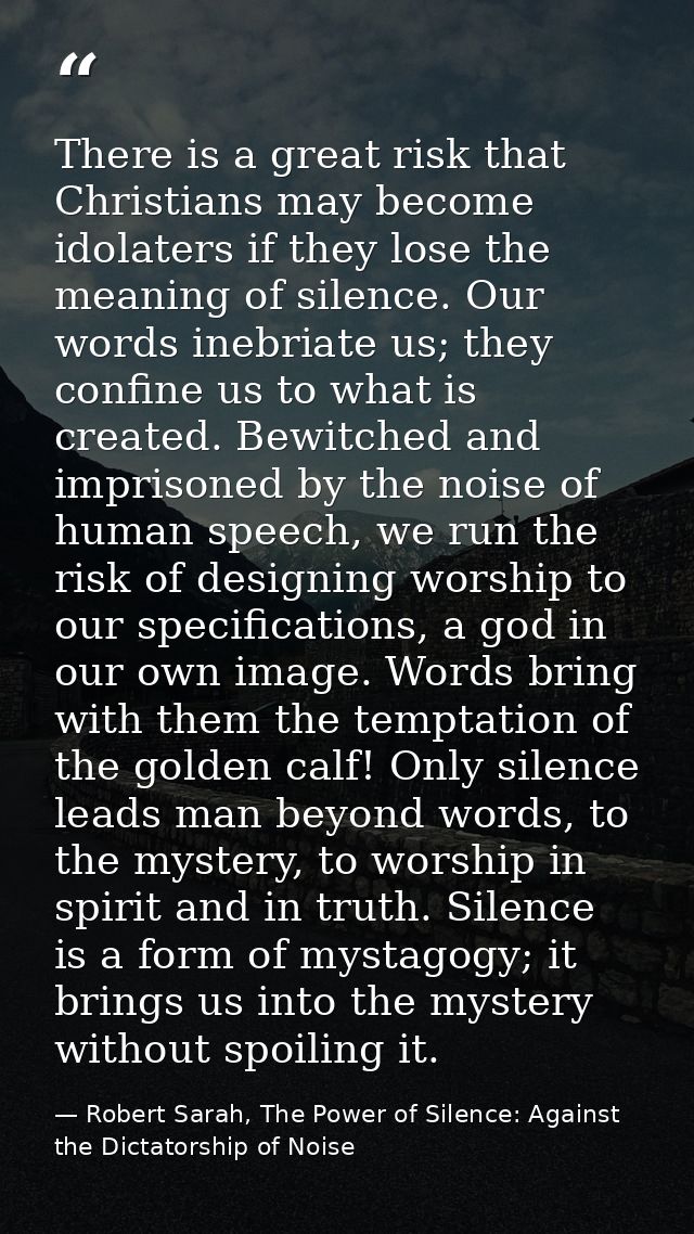 There is a great risk that Christians may become idolaters if they lose the meaning of silence. Our words inebriate us;  — Robert Sarah, The Power of Silence: Against the Dictatorship of Noise