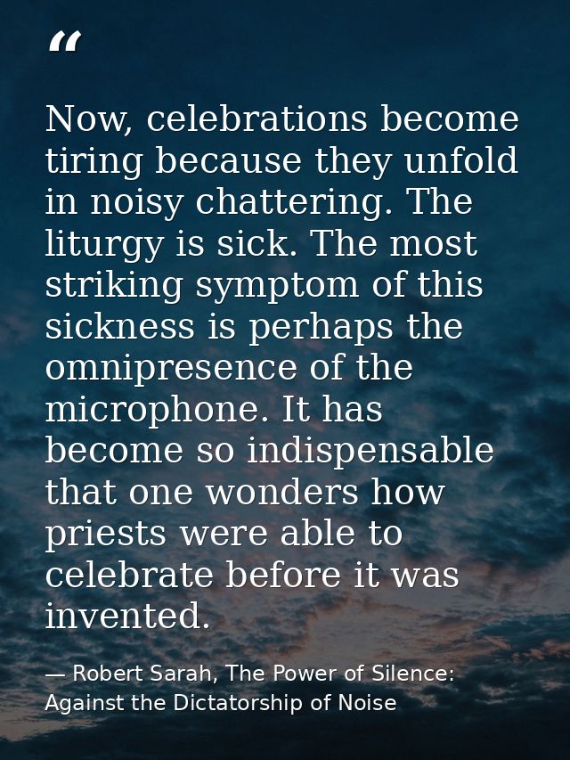Now, celebrations become tiring because they unfold in noisy chattering. The liturgy is sick. The most striking symptom  — Robert Sarah, The Power of Silence: Against the Dictatorship of Noise