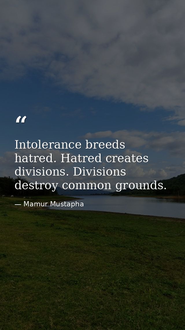 Intolerance breeds hatred. Hatred creates divisions. Divisions destroy common grounds. — Mamur Mustapha