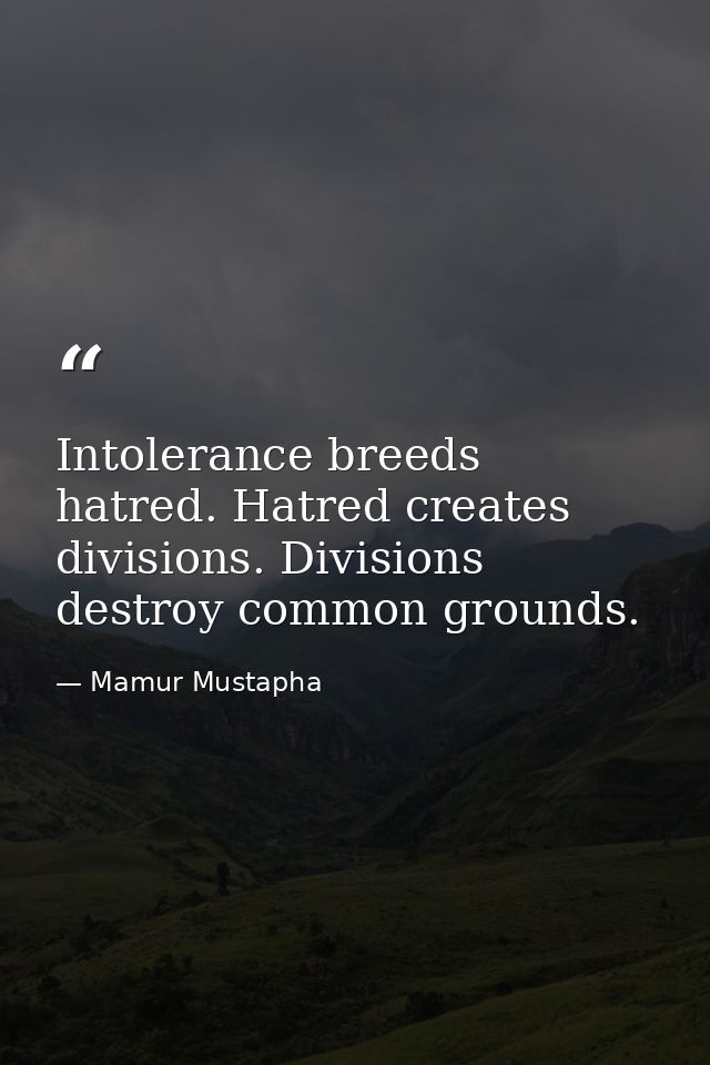 Intolerance breeds hatred. Hatred creates divisions. Divisions destroy common grounds. — Mamur Mustapha