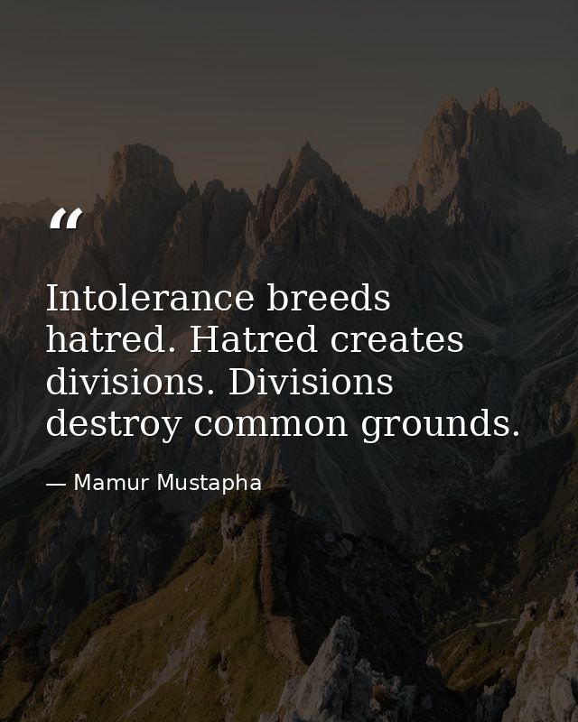 Intolerance breeds hatred. Hatred creates divisions. Divisions destroy common grounds. — Mamur Mustapha