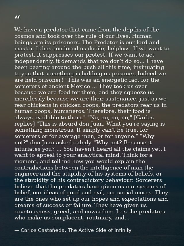 We have a predator that came from the depths of the cosmos and took over the rule of our lives. Human beings are its pri — Carlos Castañeda, The Active Side of Infinity