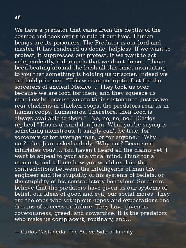 We have a predator that came from the depths of the cosmos and took over the rule of our lives. Human beings are its pri — Carlos Castañeda, The Active Side of Infinity