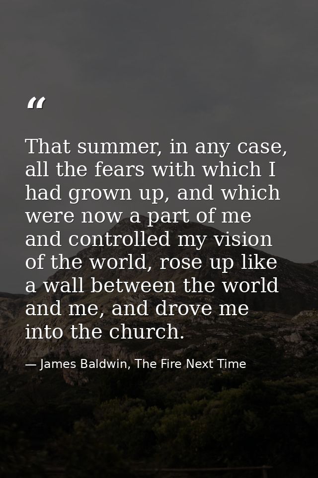 That summer, in any case, all the fears with which I had grown up, and which were now a part of me and controlled my vis — James Baldwin, The Fire Next Time