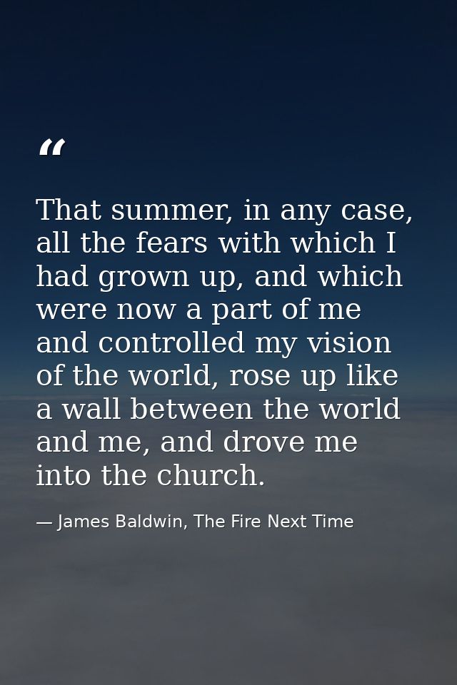 That summer, in any case, all the fears with which I had grown up, and which were now a part of me and controlled my vis — James Baldwin, The Fire Next Time