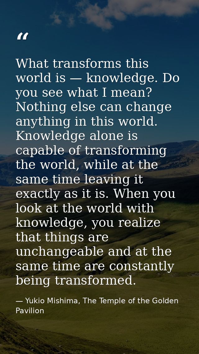 What transforms this world is — knowledge. Do you see what I mean? Nothing else can change anything in this world. Knowl — Yukio Mishima, The Temple of the Golden Pavilion