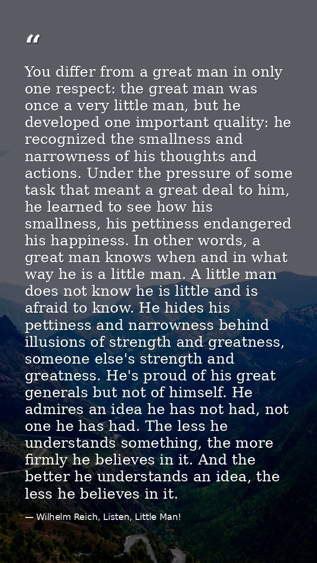 You differ from a great man in only one respect: the great man was once a very little man, but he developed one importan — Wilhelm Reich, Listen, Little Man!
