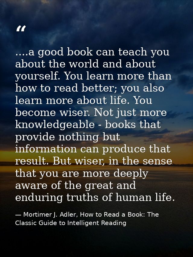....a good book can teach you about the world and about yourself. You learn more than how to read better; you also learn — Mortimer J. Adler, How to Read a Book: The Classic Guide to Intelligent Reading