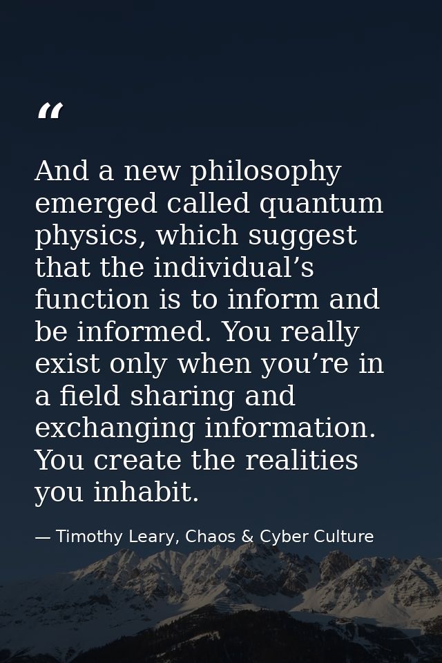 And a new philosophy emerged called quantum physics, which suggest that the individual’s function is to inform and be in — Timothy Leary, Chaos & Cyber Culture