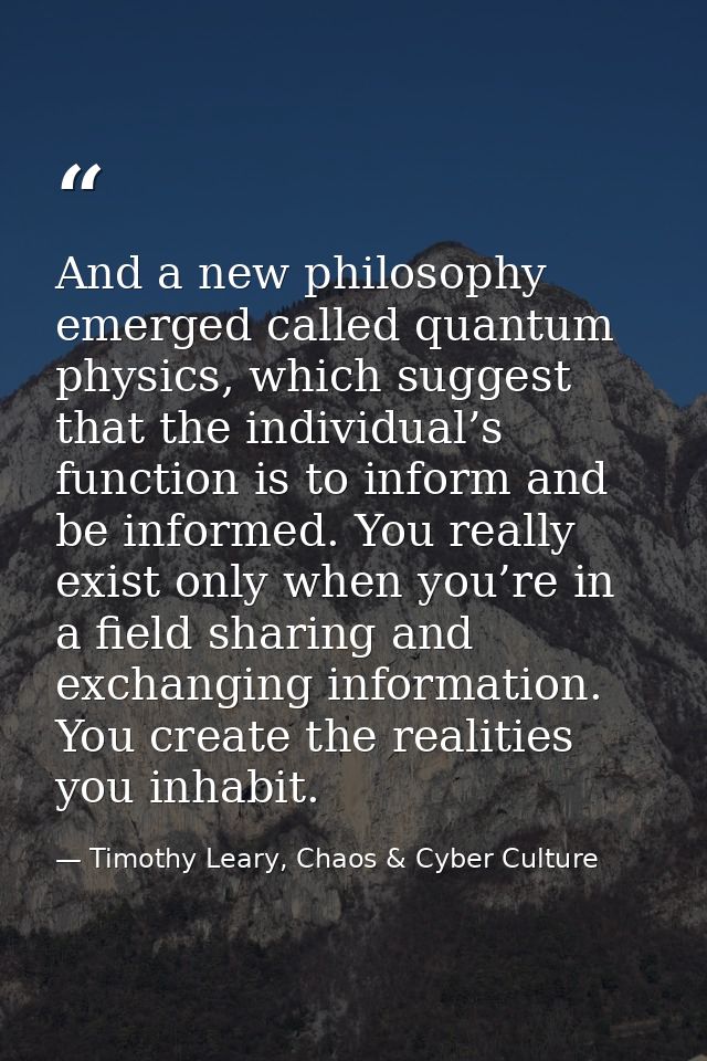 And a new philosophy emerged called quantum physics, which suggest that the individual’s function is to inform and be in — Timothy Leary, Chaos & Cyber Culture