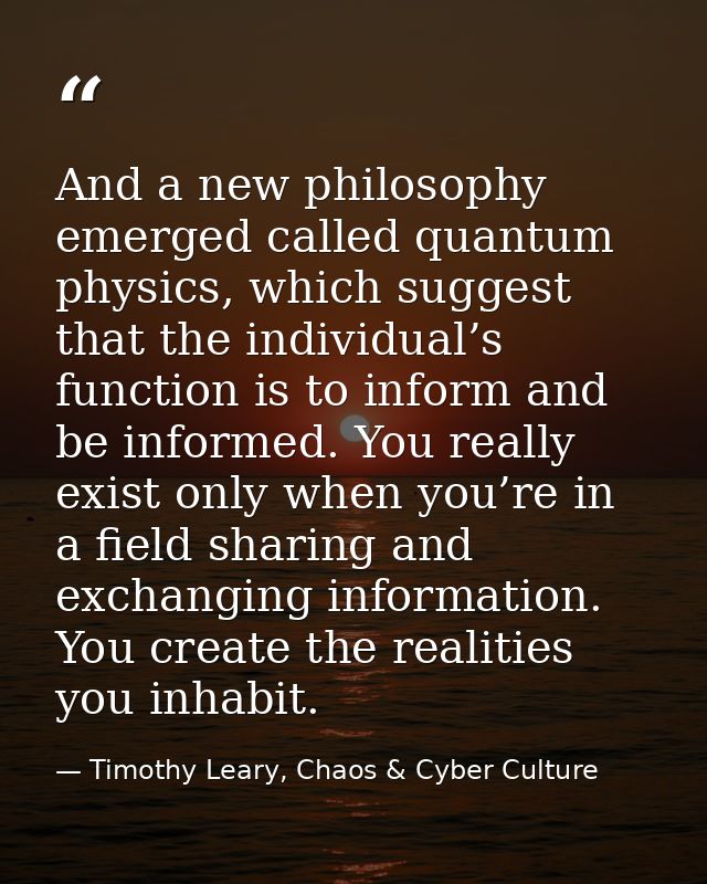 And a new philosophy emerged called quantum physics, which suggest that the individual’s function is to inform and be in — Timothy Leary, Chaos & Cyber Culture
