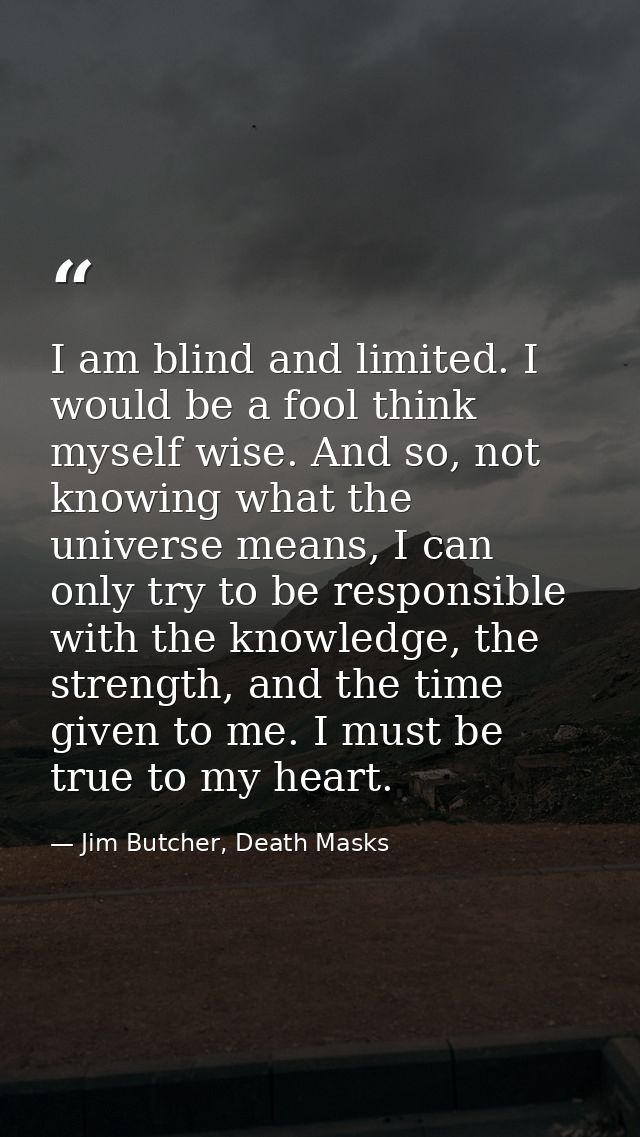 I am blind and limited. I would be a fool think myself wise. And so, not knowing what the universe means, I can only try — Jim Butcher, Death Masks