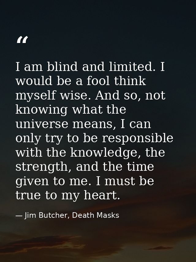 I am blind and limited. I would be a fool think myself wise. And so, not knowing what the universe means, I can only try — Jim Butcher, Death Masks