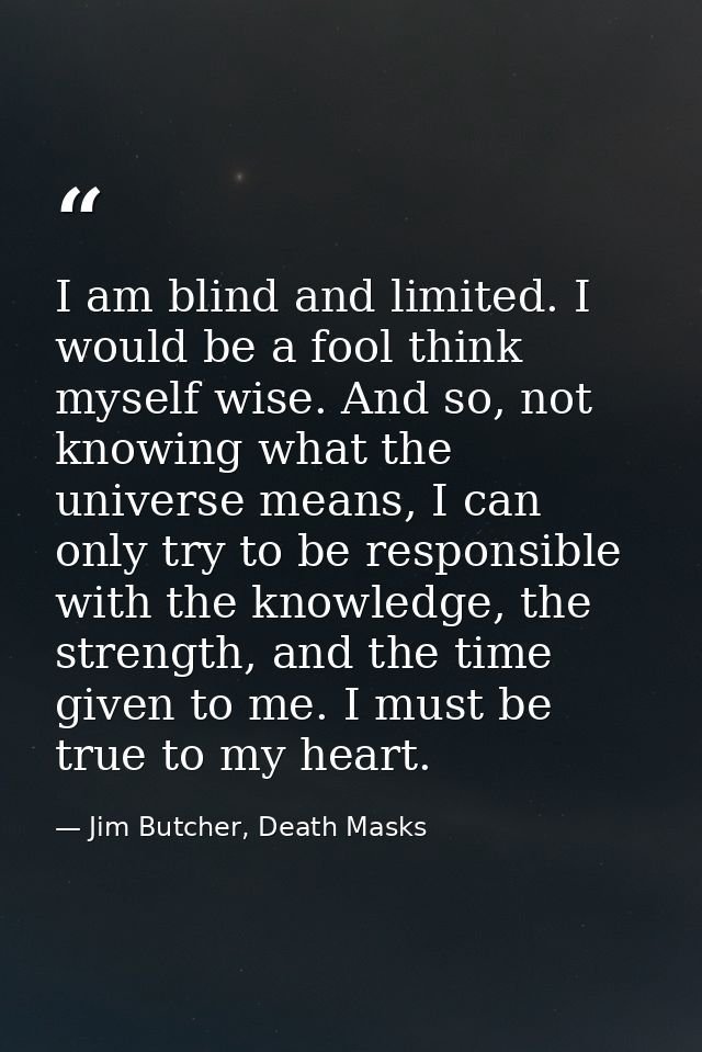 I am blind and limited. I would be a fool think myself wise. And so, not knowing what the universe means, I can only try — Jim Butcher, Death Masks
