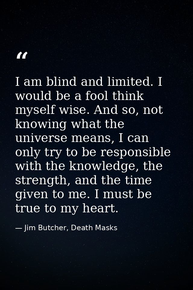 I am blind and limited. I would be a fool think myself wise. And so, not knowing what the universe means, I can only try — Jim Butcher, Death Masks