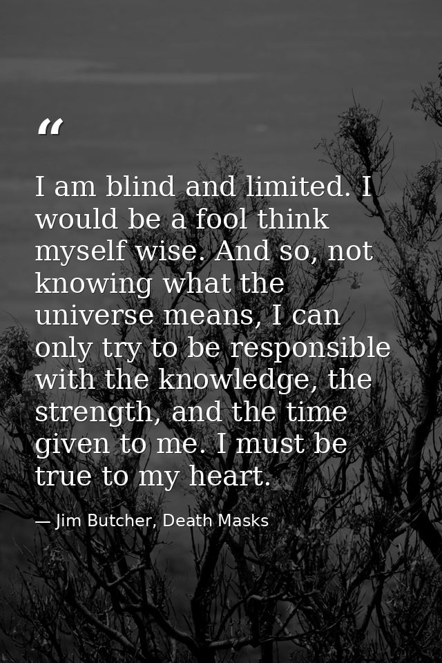 I am blind and limited. I would be a fool think myself wise. And so, not knowing what the universe means, I can only try — Jim Butcher, Death Masks