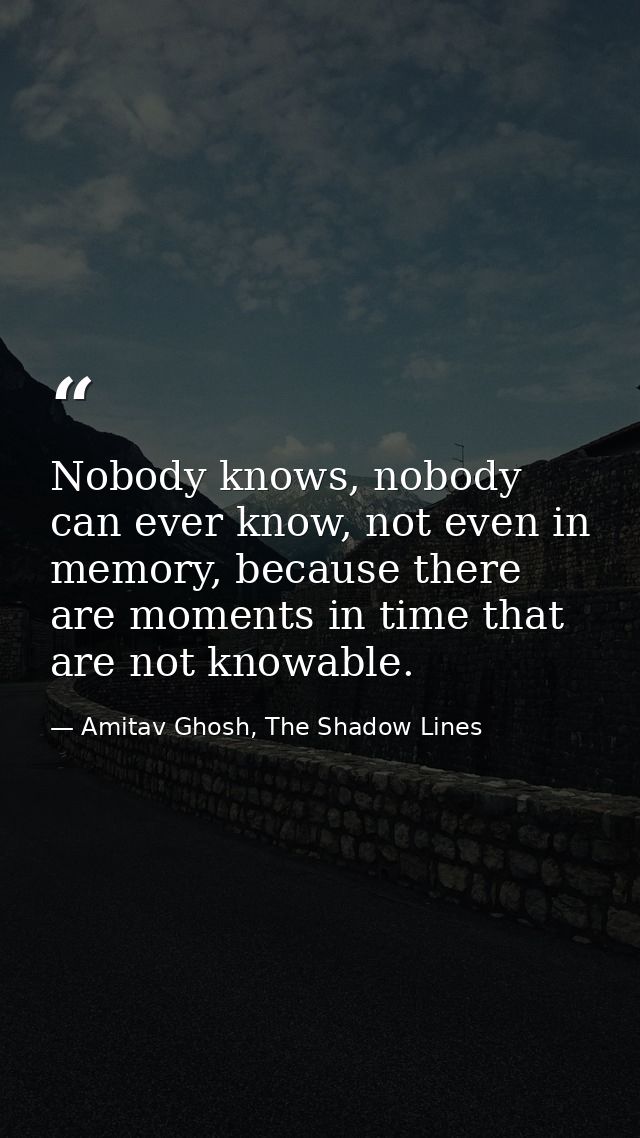 Nobody knows, nobody can ever know, not even in memory, because there are moments in time that are not knowable. — Amitav Ghosh, The Shadow Lines