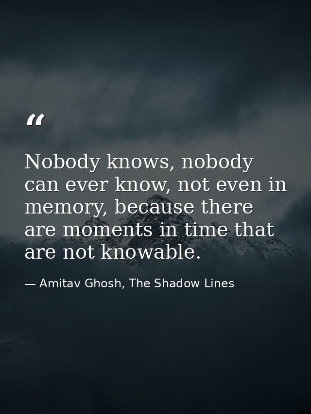 Nobody knows, nobody can ever know, not even in memory, because there are moments in time that are not knowable. — Amitav Ghosh, The Shadow Lines