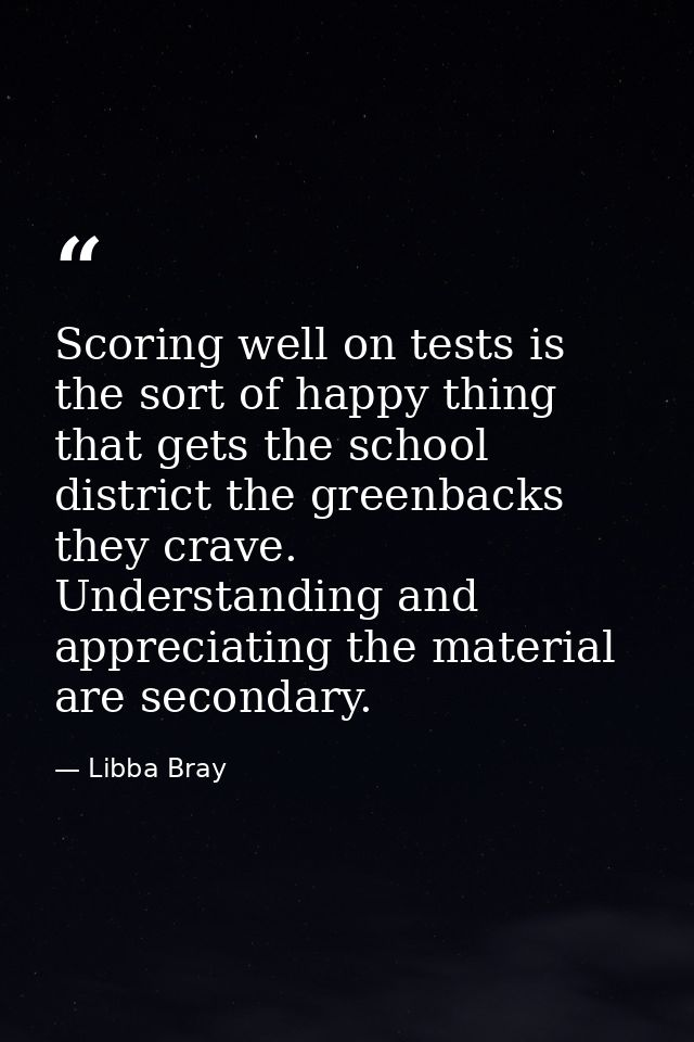 Scoring well on tests is the sort of happy thing that gets the school district the greenbacks they crave. Understanding  — Libba Bray