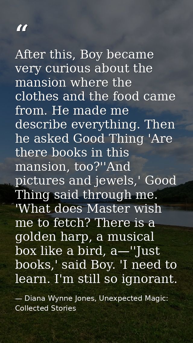 After this, Boy became very curious about the mansion where the clothes and the food came from. He made me describe ever — Diana Wynne Jones, Unexpected Magic: Collected Stories