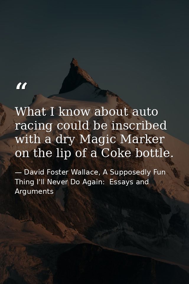 What I know about auto racing could be inscribed with a dry Magic Marker on the lip of a Coke bottle. — David Foster Wallace, A Supposedly Fun Thing I'll Never Do Again:  Essays and Arguments