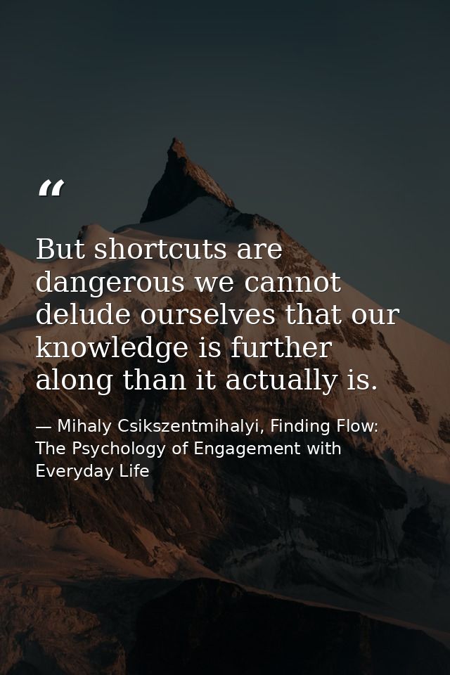 But shortcuts are dangerous we cannot delude ourselves that our knowledge is further along than it actually is. — Mihaly Csikszentmihalyi, Finding Flow: The Psychology of Engagement with Everyday Life
