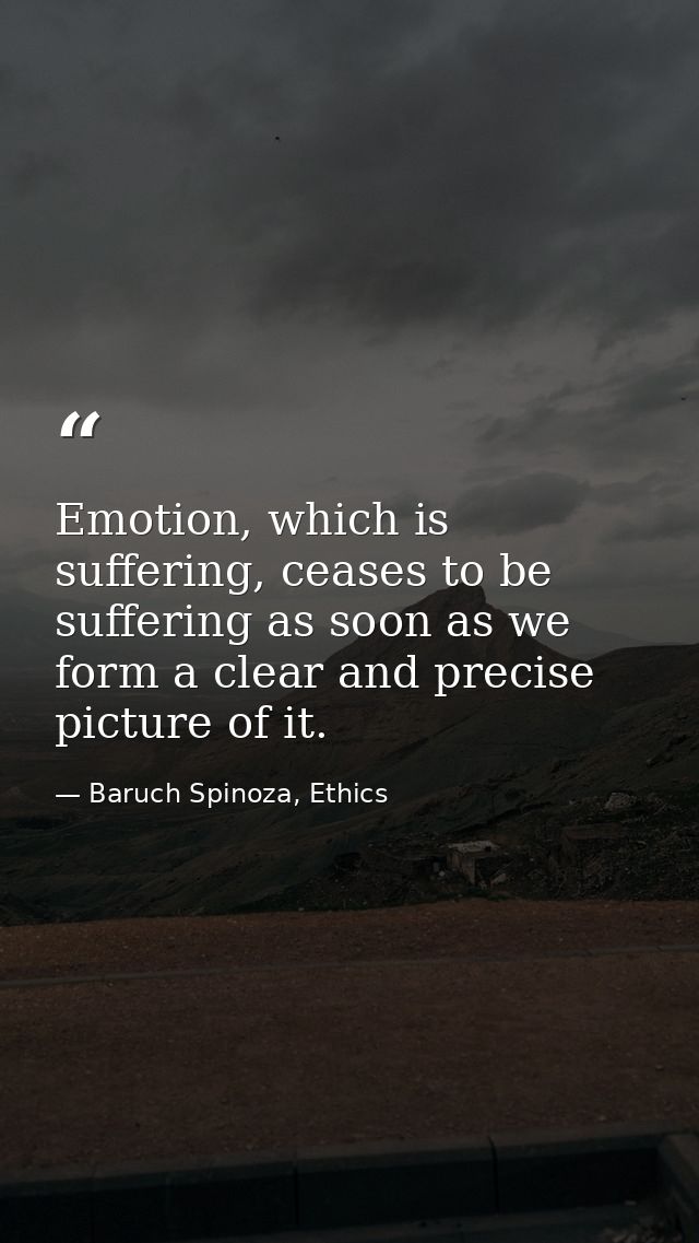 Emotion, which is suffering, ceases to be suffering as soon as we form a clear and precise picture of it. — Baruch Spinoza, Ethics